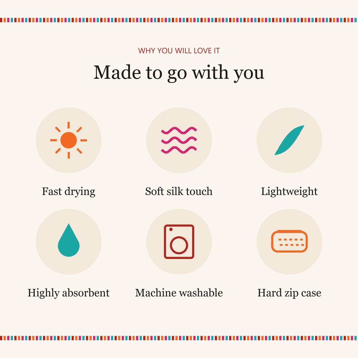 Microfibre Travel Towel features: fast drying, soft silk touch, lightweight, highly absorbent, machine washable