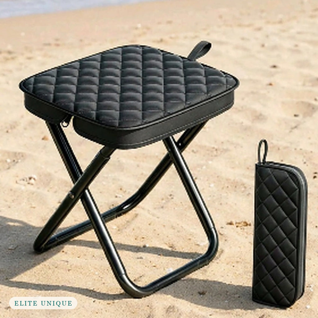 Compact Folding Stool in black on the beach, shown open and folded