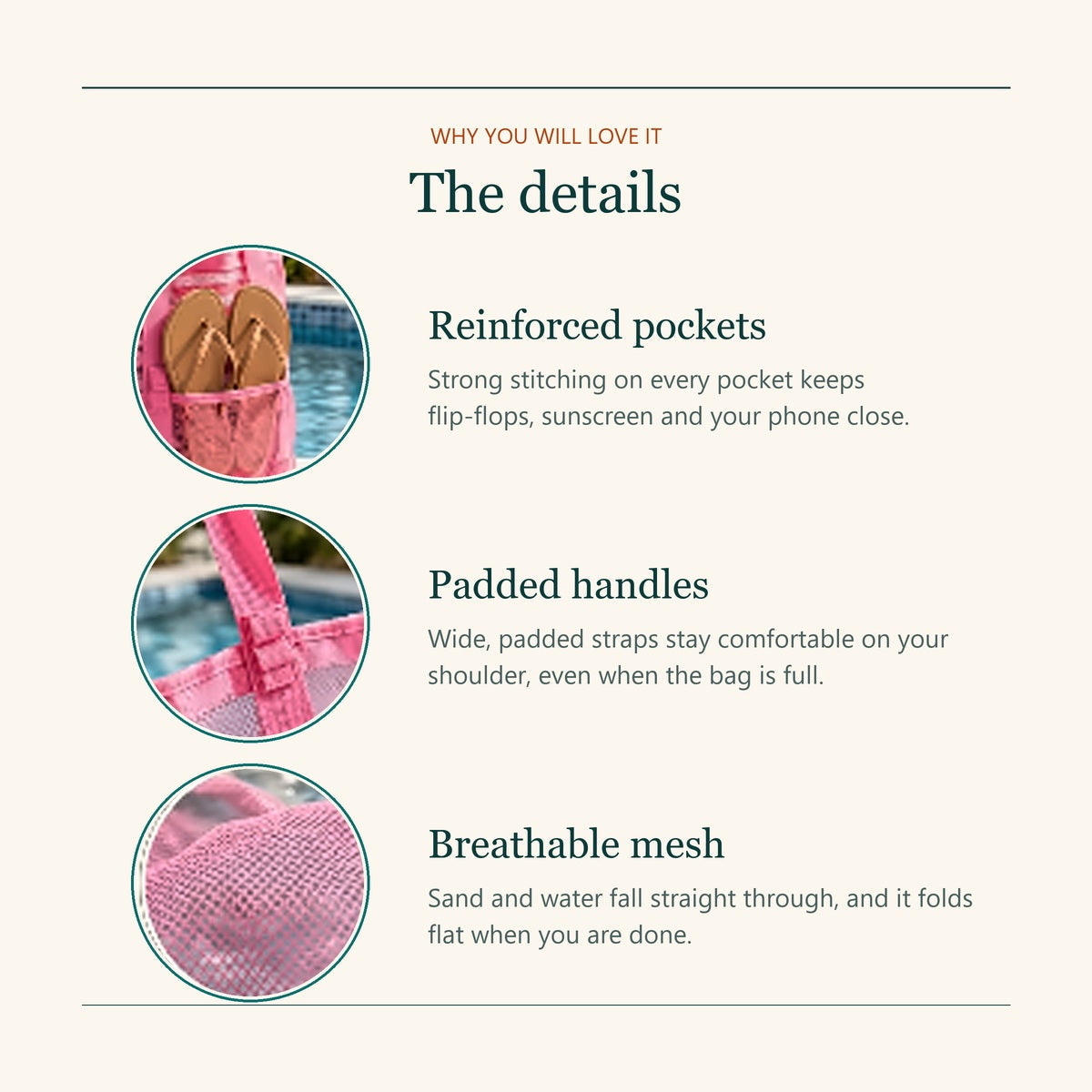 Large Mesh Beach Tote details: reinforced pockets, padded handles and breathable mesh