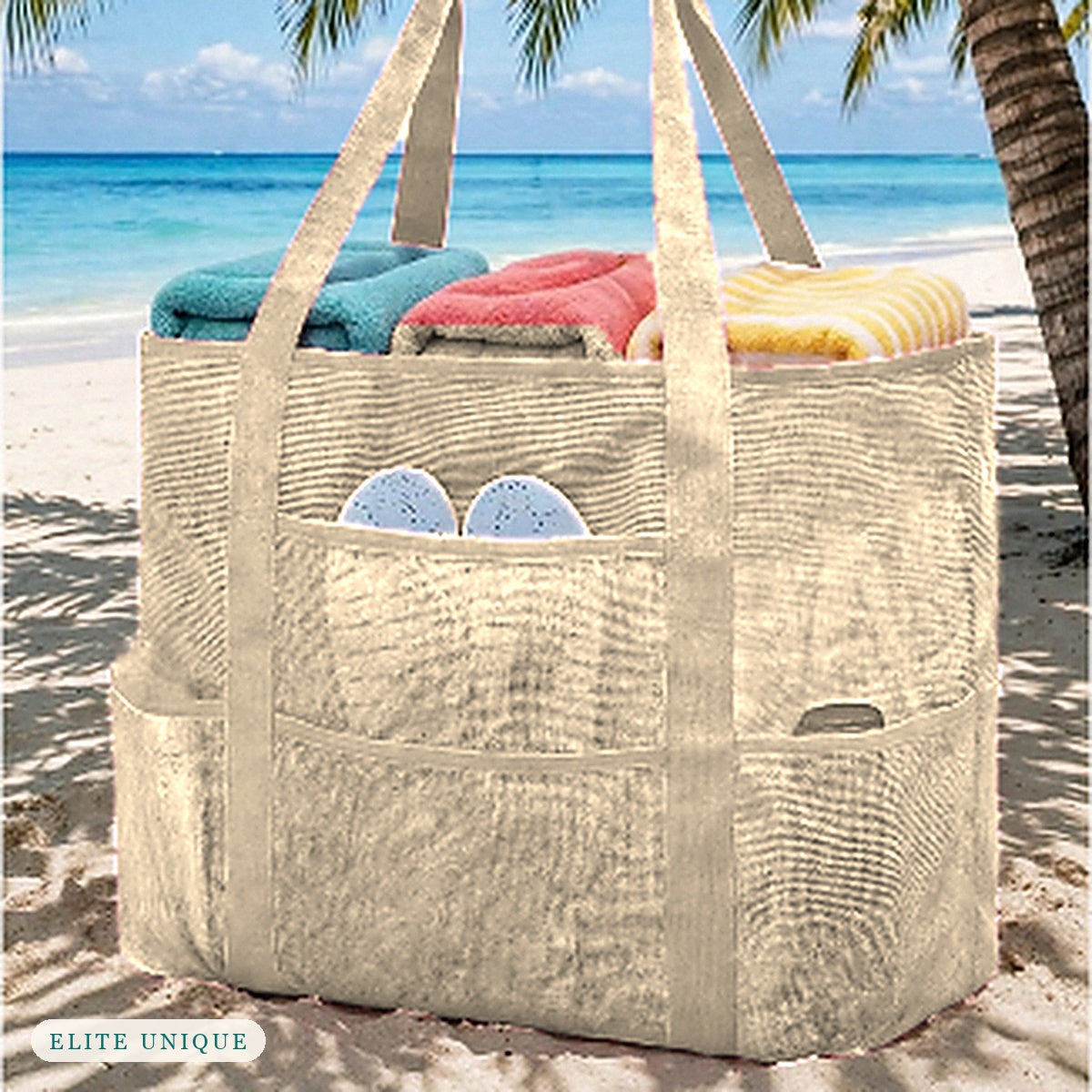 Large Mesh Beach Tote in beige on the beach