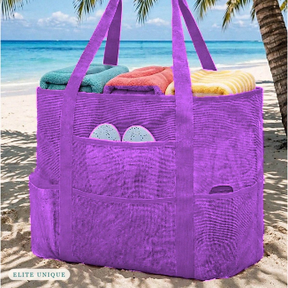 Large Mesh Beach Tote in purple on the beach
