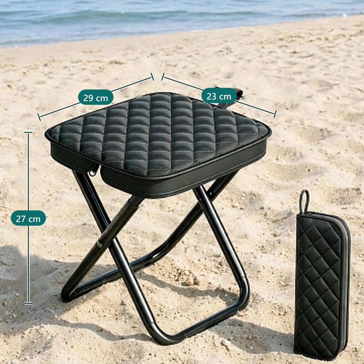 Compact Folding Stool size: 29 cm wide, 23 cm deep, 27 cm high