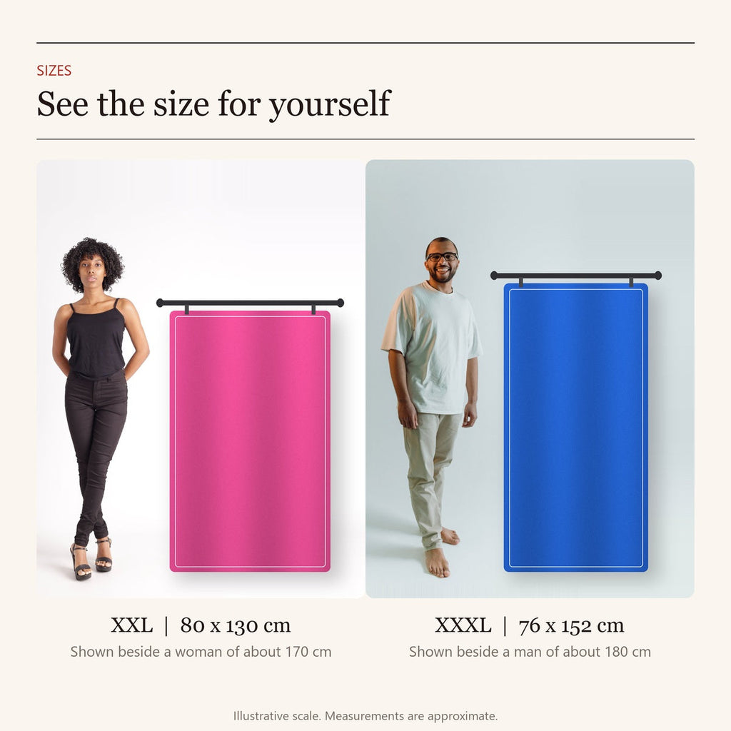 Microfibre Travel Towel size comparison: pink XXL 80 x 130 cm beside a woman of about 170 cm, blue XXXL 76 x 152 cm beside a man of about 180 cm