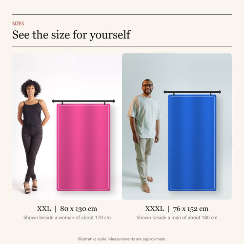 Microfibre Travel Towel size comparison: pink XXL 80 x 130 cm beside a woman of about 170 cm, blue XXXL 76 x 152 cm beside a man of about 180 cm